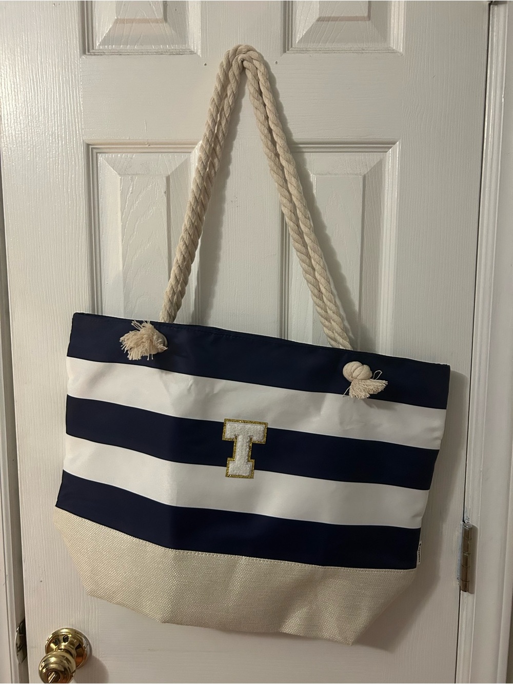 Striped Navy and White Rope-Handle Tote Bag